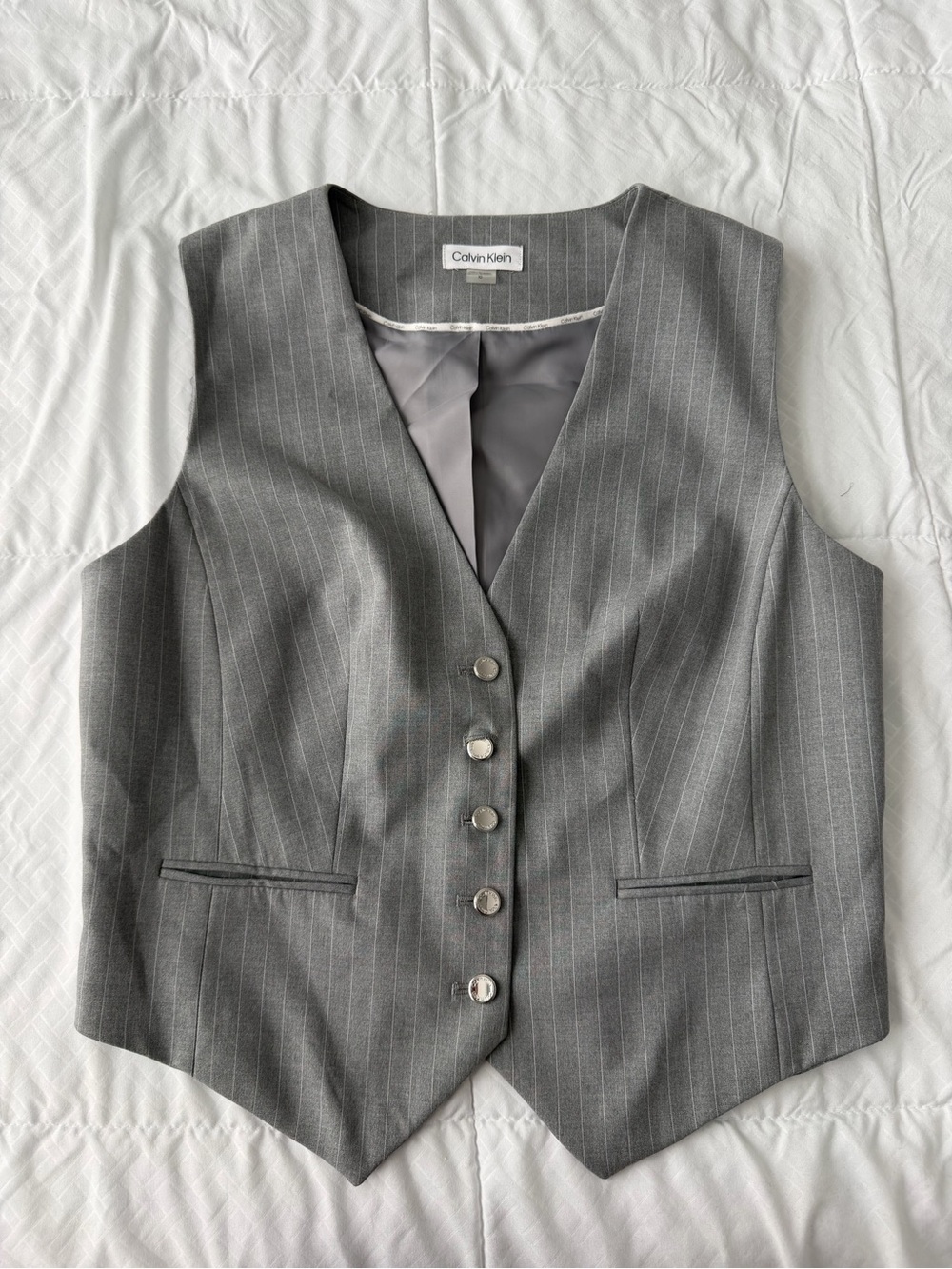 Calvin Klein Pinstripe Vest & Trouser Pantsuit Set Women’s 10 Gray Business Work - Picture 10 of 16